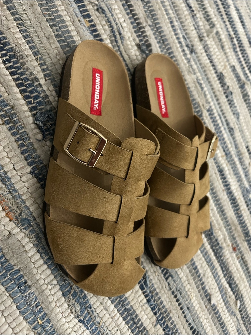 UNIONBAY Olive/Tan Suede Slide Sandals with Buckle